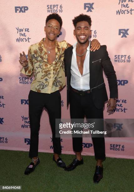 Actors Darrell Britt-Gibson and Brandon Mychal Smith attend the premiere of Season 4 of FXX's "You're The Worst" at Museum of Ice Cream LA on August...