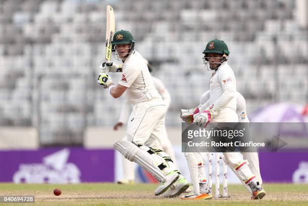 Steve Smith of Australia bats during day four of the First Test match between Bangladesh and Australia at Shere Bangla National Stadium on August 30,...