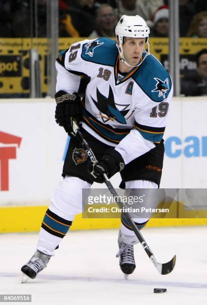 Joe Thornton of the San Jose Sharks skates with the puck during the NHL game against the Los Angeles Kings at Staples Center on December 15, 2008 in...