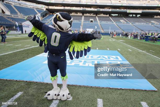 Seattle Seahawks mascot Blitz greets hundreds of fans and Seattle business owners during American Express "Dinner on the 50" at CenturyLink Field on...