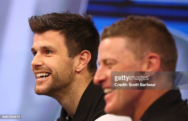 Tigers coach Damien Hardwick and captain Trent Cotchin speak to the media during a Richmond Tigers AFL media opportunity at Fox Sports Studio on...