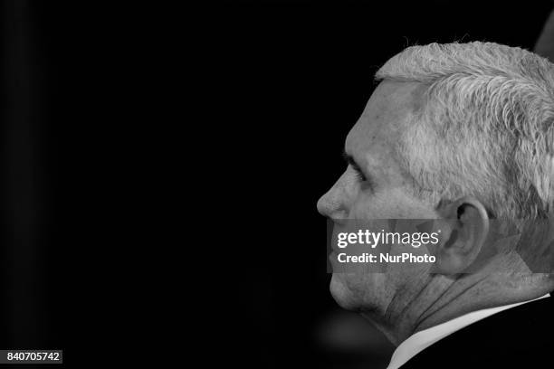 Mike Pence, was present for the joint press conference of President Donald Trump and President Sauli Niinistö of the Republic of Finland, in the East...