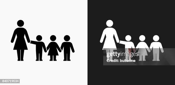teacher and students icon on black and white vector backgrounds - daycare stock illustrations
