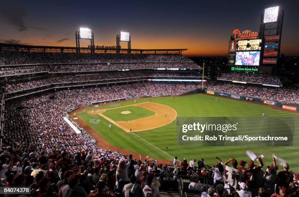 General view of the interior Citizens Bank Park from the outfield at dusk during Game Two of the National League Championship Series between the...