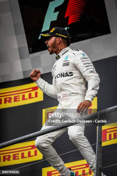 August 27, 2017: Lewis Hamilton of the Mercedes AMG Petronas F1 Team wins the 2017 Formula 1 Belgian Grand Prix at Circuit de Spa-Francorchamps on...