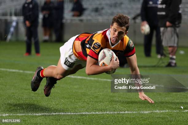 Tyler Campbell of Waikato scores at try during the round three Mitre 10 Cup match between Auckland and Waikato at Eden Park on August 30, 2017 in...