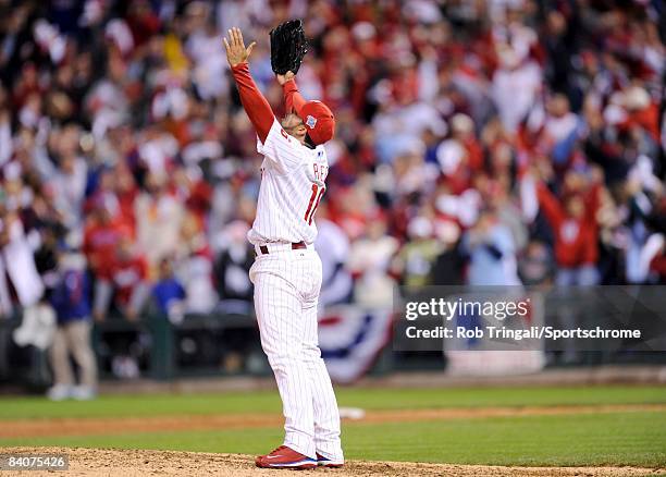 Romero of the Philadelphia Phillies celebrates against the Tampa Bay Rays during game four of the 2008 World Series at Citizens Bank Park on October...