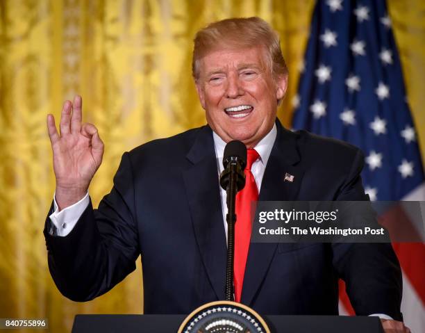 President Donald Trump talks about NAFTA as he holds a joint press conference with President Sauli Niinistö of Finland, on August 2017 in Washington,...