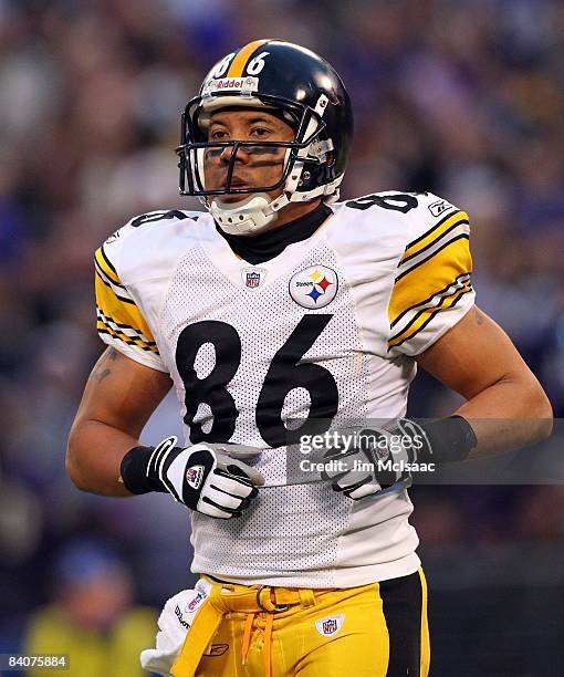 Hines Ward of the Pittsburgh Steelers looks on against the Baltimore Ravens on December 14, 2008 at M&T Bank Stadium in Baltimore, Maryland. The...