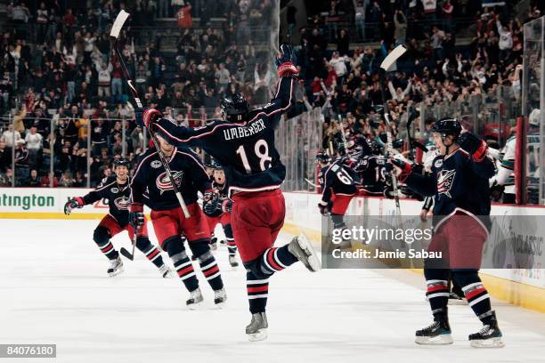 Umberger of the Columbus Blue Jackets celebrates his game winning overtime goal against the San Jose Sharks on December 17, 2008 at Nationwide Arena...