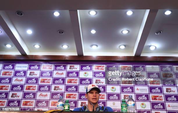 Steve Smith of Australia speaks to the media after Bangladesh defeated Australia during day four of the First Test match between Bangladesh and...