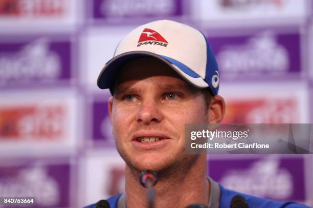 Steve Smith of Australia speaks to the media after Bangladesh defeated Australia during day four of the First Test match between Bangladesh and...