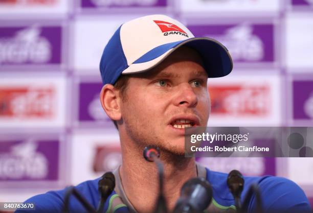 Steve Smith of Australia speaks to the media after Bangladesh defeated Australia during day four of the First Test match between Bangladesh and...