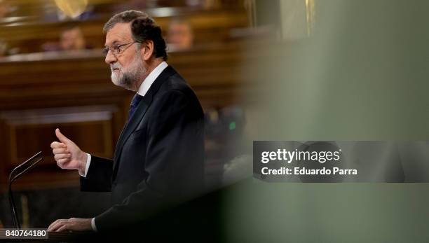 The President of the Government of Spain Mariano Rajoy attends the plenary session in the Congress of Deputies on August 30, 2017 in Madrid, Spain....