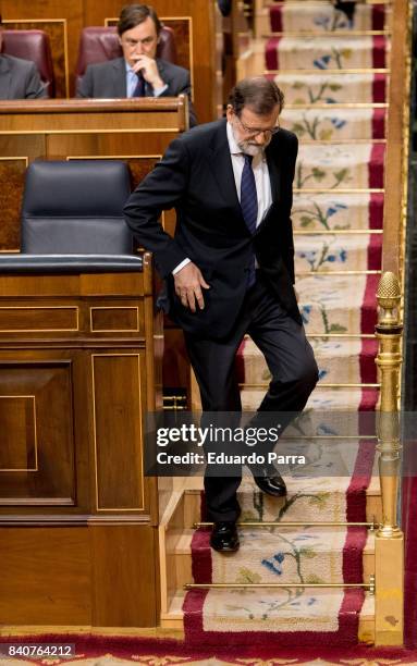The President of the Government of Spain Mariano Rajoy attends the plenary session in the Congress of Deputies on August 30, 2017 in Madrid, Spain....