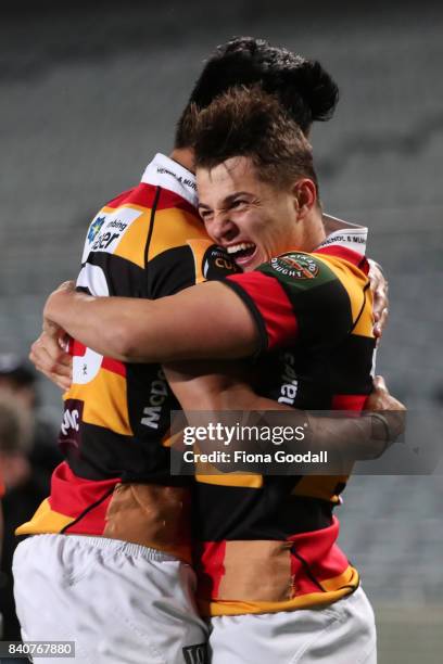 Tyler Campbell of Waikato scores at try during the round three Mitre 10 Cup match between Auckland and Waikato at Eden Park on August 30, 2017 in...