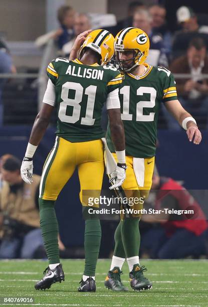 Green Bay Packers wide receiver Geronimo Allison and quarterback Aaron Rodgers celebrate against the Dallas Cowboys in the NFL divisional playoffs on...
