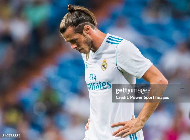 Gareth Bale of Real Madrid reacts during the Santiago Bernabeu Trophy 2017 match between Real Madrid and ACF Fiorentina at the Santiago Bernabeu...