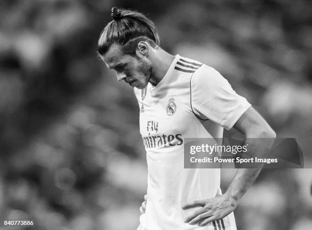 Gareth Bale of Real Madrid reacts during the Santiago Bernabeu Trophy 2017 match between Real Madrid and ACF Fiorentina at the Santiago Bernabeu...