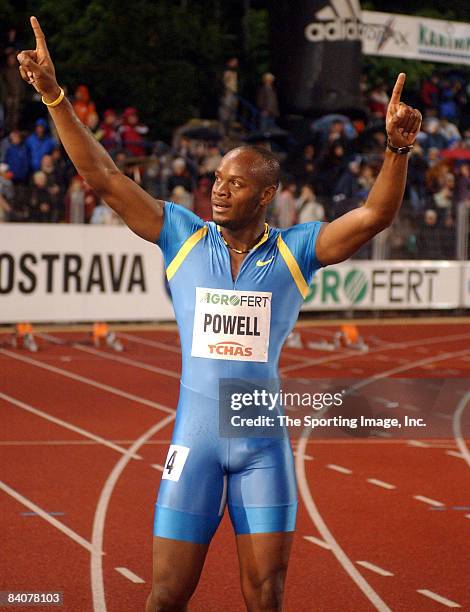 Asafa Powell won the 100 meters in 9.85 in the Golden Spike IAAF Super Grand Prix at Vitkovice Stadium in Ostrava, Czech Republic on Thursday, June...