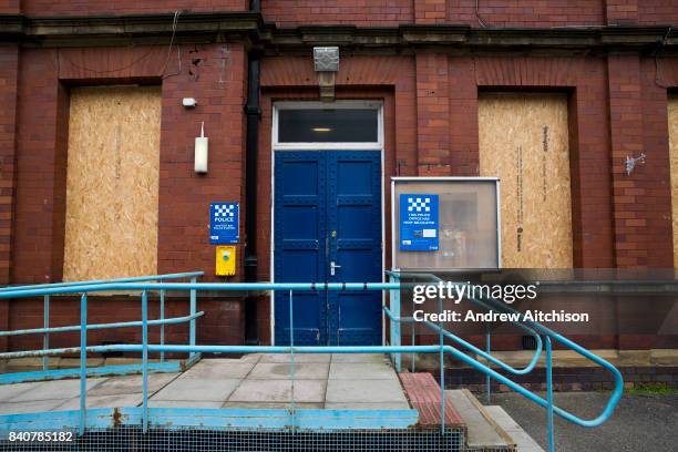 Boarded up and closed down police station, Whitley Bay, Northumberland. UK.