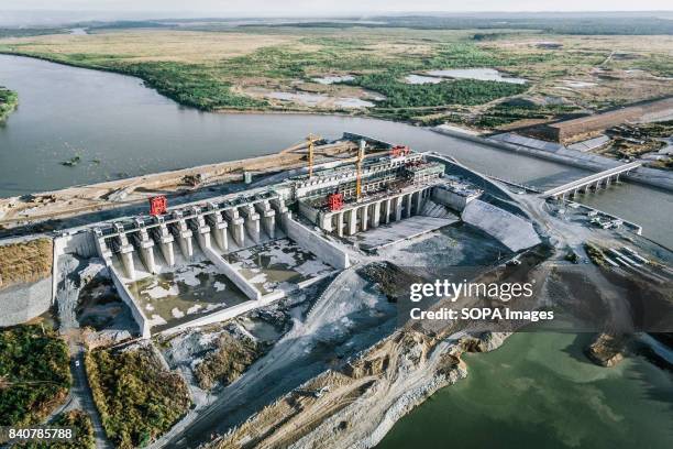 An aerial view of the Lower Sesan II Dam under construction. Local communities refuse to be removed. Once the dam is in operation the waters will...