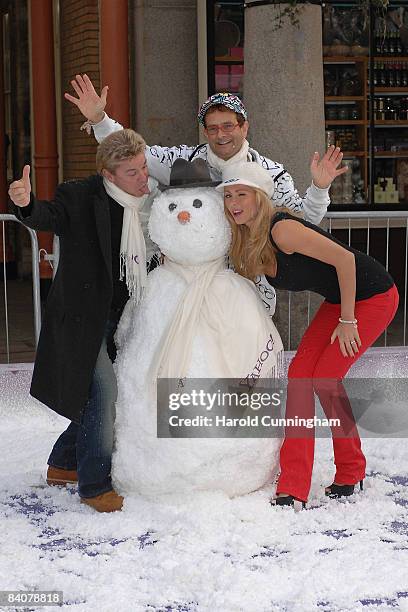 David Van Day, Nicola McLean and Timmy Mallett launch snowball fight sponsored by Yahoo! in Covent Garden on December 18, 2008 in London, England.