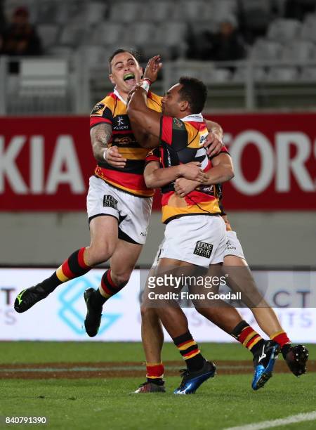Sevu Reece scores a try supported by Zac Guildford of Waikato during the round three Mitre 10 Cup match between Auckland and Waikato at Eden Park on...