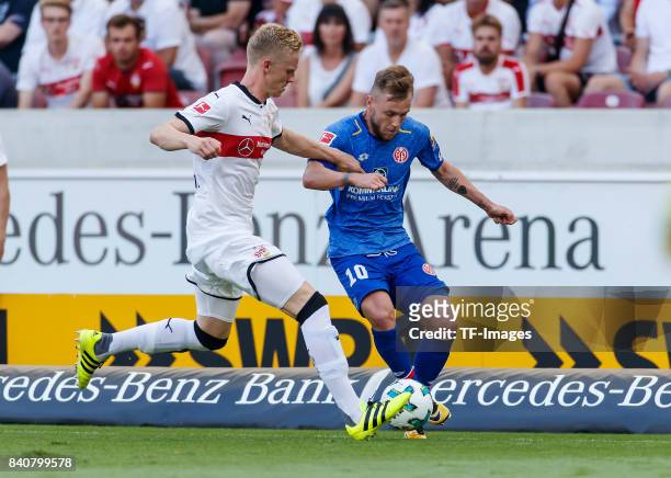 Timo Baumgartl of Stuttgart and Alexandru Maxim of Mainz battle for the ball during the Bundesliga match between VfB Stuttgart and 1.FSV Mainz 05 at...