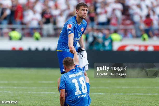 Fabian Frei of Mainz and Daniel Brosinski of Mainz looks dejected during the Bundesliga match between VfB Stuttgart and 1.FSV Mainz 05 at...