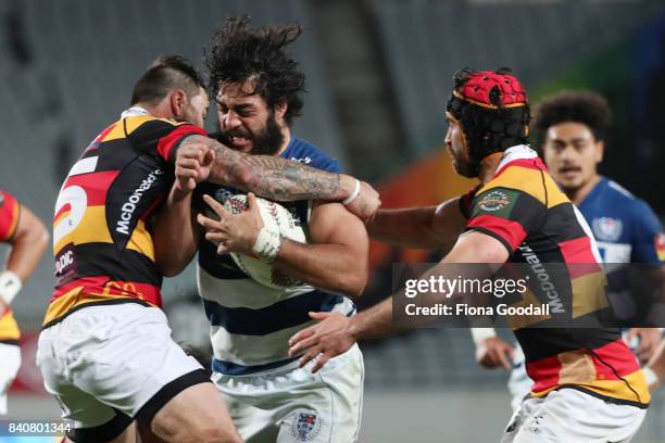 Akira Ioane of Auckland takes the ball up during the round three Mitre 10 Cup match between Auckland and Waikato at Eden Park on August 30, 2017 in...