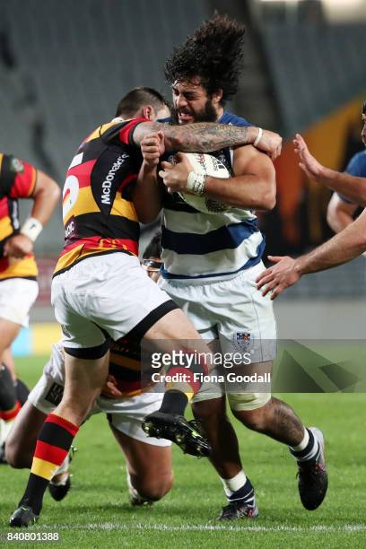 Akira Ioane of Auckland takes the ball up during the round three Mitre 10 Cup match between Auckland and Waikato at Eden Park on August 30, 2017 in...
