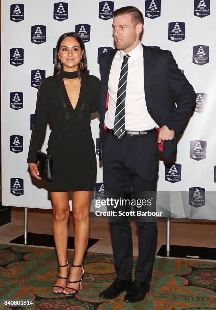 Sam Docherty of the Blues and partner arrive during the AFL All Australian team announcement at the Palais Theatre on August 30, 2017 in Melbourne,...