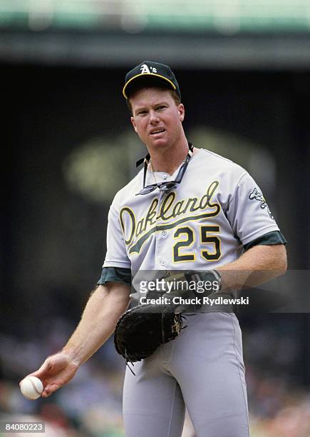 Oakland Athletics' 1st Baseman, Mark McGwire, playing 1st base during a 1987 game against the Chicago White Sox at Old Comiskey Park in Chicago,...
