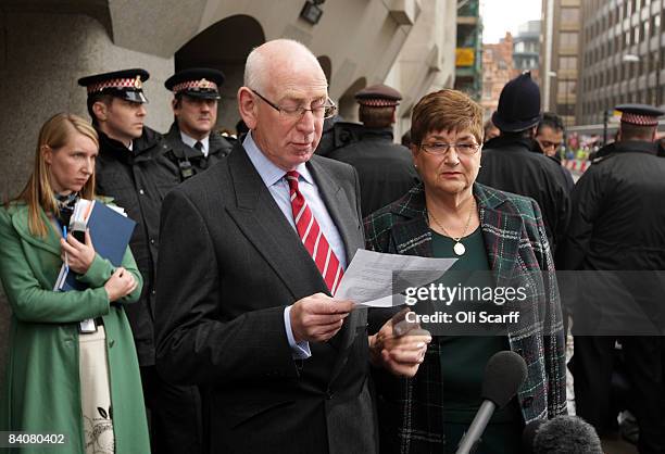 Rachel Nickell's parents Andrew and Monica Nickell speak to the media outside the Old Bailey court on December 18, 2008 in London, England. Broadmoor...