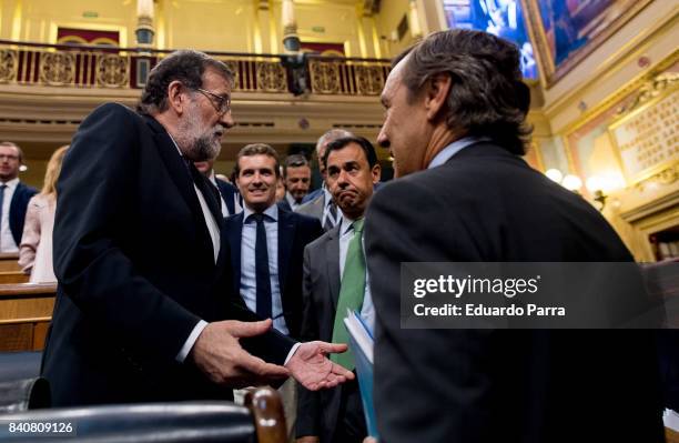 The President of the Government of Spain Mariano Rajoy attends the plenary session in the Congress of Deputies on August 30, 2017 in Madrid, Spain....