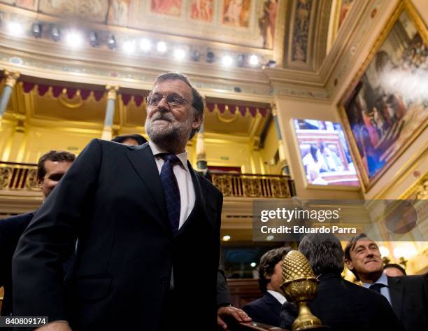 The President of the Government of Spain Mariano Rajoy attends the plenary session in the Congress of Deputies on August 30, 2017 in Madrid, Spain....