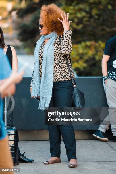 Visitor poses during Sao Paulo Fashion Week N44 SPFW Winter 2018 at Ibirapuera's Bienal Pavilion on August 29, 2017 in Sao Paulo, Brazil.