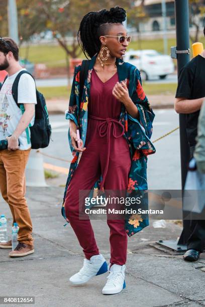Visitor poses during Sao Paulo Fashion Week N44 SPFW Winter 2018 at Ibirapuera's Bienal Pavilion on August 29, 2017 in Sao Paulo, Brazil.
