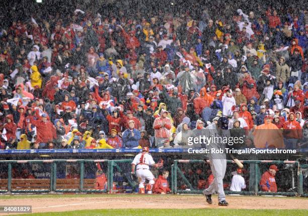 General view of the crowd during the rain storm in game five of the 2008 World Series between the Philadelphia Phillies and the Tampa Bay Rays at...