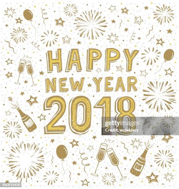 ilustraciones, imágenes clip art, dibujos animados e iconos de stock de tarjeta de año nuevo doodle 2018 - champagne cork