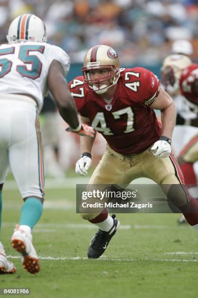 Billy Bajema of the San Francisco 49ers blocks during an NFL game against the Miami Dolphins at Dolphin Stadium on December 14, 2008 in Miami,...