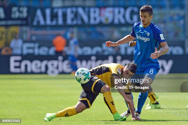 Aias Aosman of Dresden and Anthony Losilla of Bochum battle for the ball during the Second Bundesliga match between VfL Bochum 1848 and SG Dynamo...