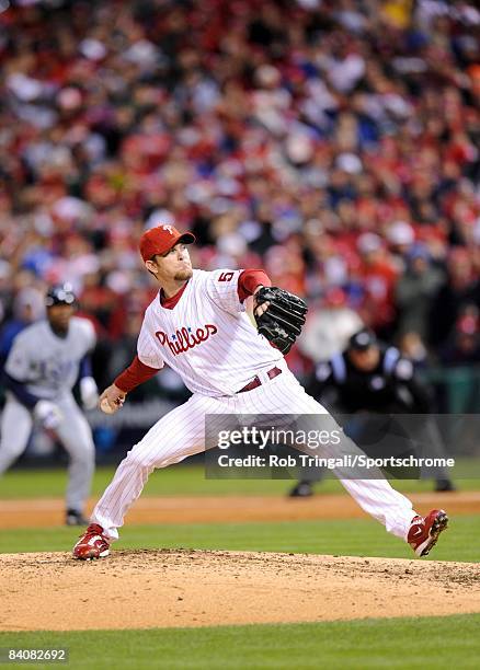 Brad Lidge of the Philadelphia Phillies pitches against the Tampa Bay Rays during the continuation of game five of the 2008 MLB World Series on...