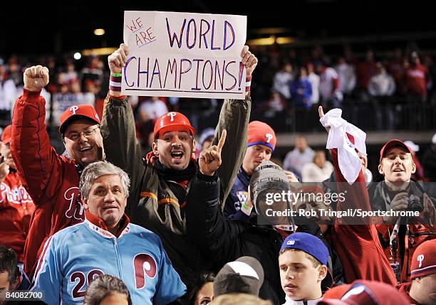 Philadelphia Phillies fans celebrate victory over the Tampa Bay Rays during the continuation of game five of the 2008 MLB World Series on October 29,...