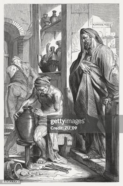 jeremiah at the potter (jeremiah 18), wood engraving, published 1886 - potter stock illustrations