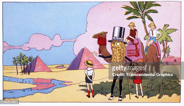 Page taken from a Planters' Peanut Coloring Book showing the company's advertising mascot Mr. Peanuts visiting the pyramids of Egypt with tourists,...