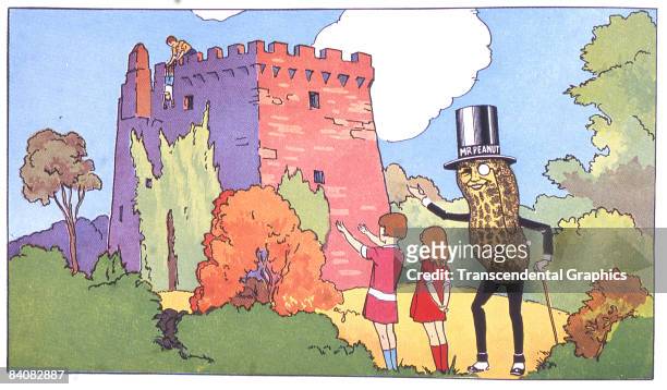 Page taken from a Planters' Peanut Coloring Book showing the company's advertising mascot Mr. Peanuts visiting a castle in Ireland, ca.1930s.