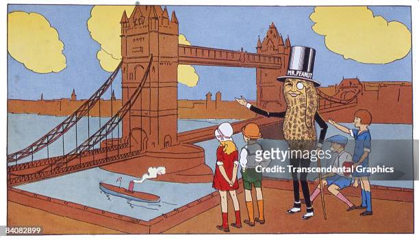 Page taken from a Planters' Peanut Coloring Book showing the company's advertising mascot Mr. Peanuts visiting London Bridge, ca.1930s. Mr. Peanut...