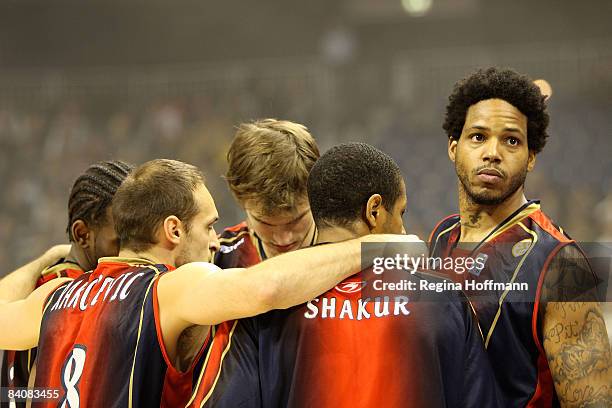 Tau Vitoria players huddle during the Euroleague Basketball Game 8 match between Alba Berlin v Tau Ceramica on December 18, 2008 at the O2 World...